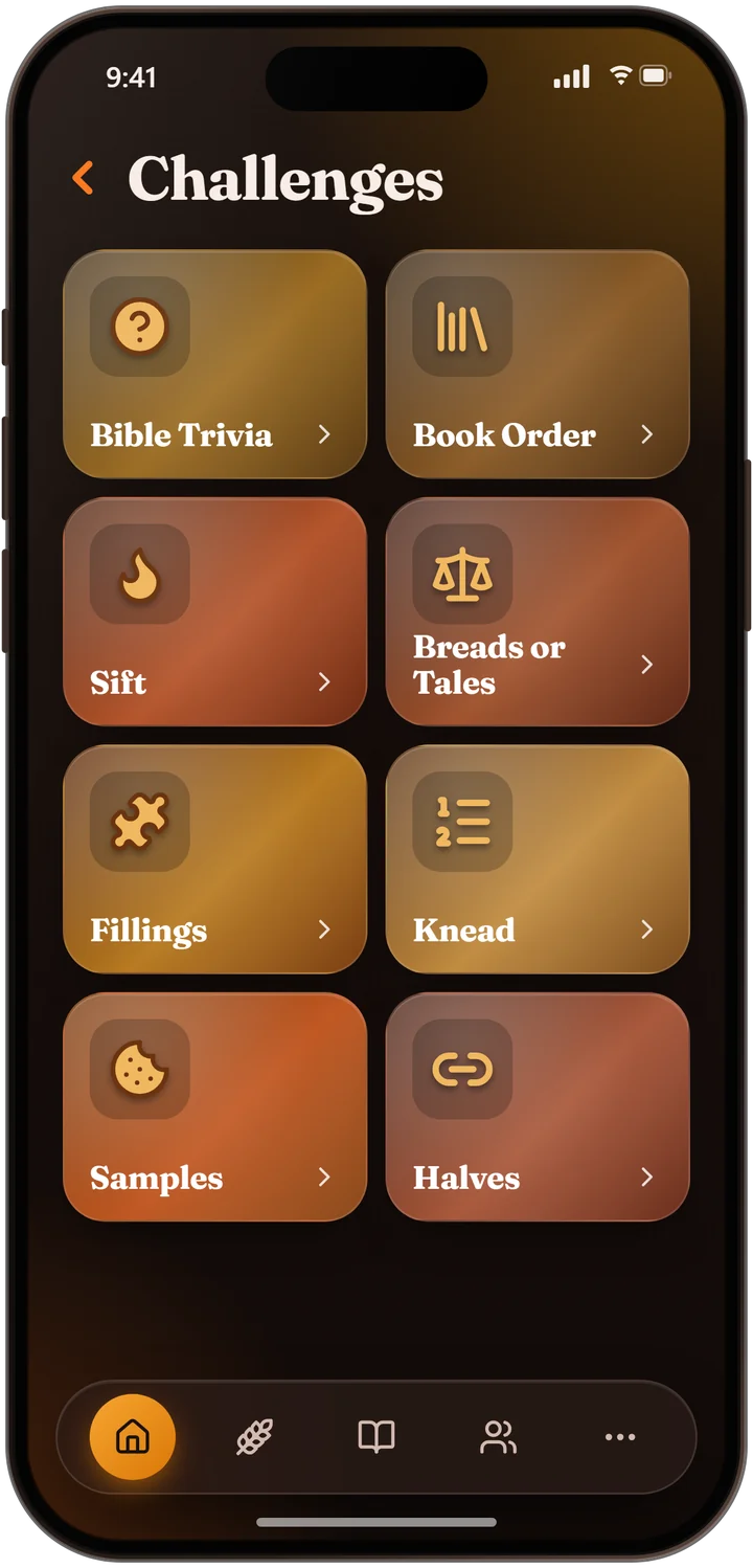 The Challenges screen with eight Scripture games