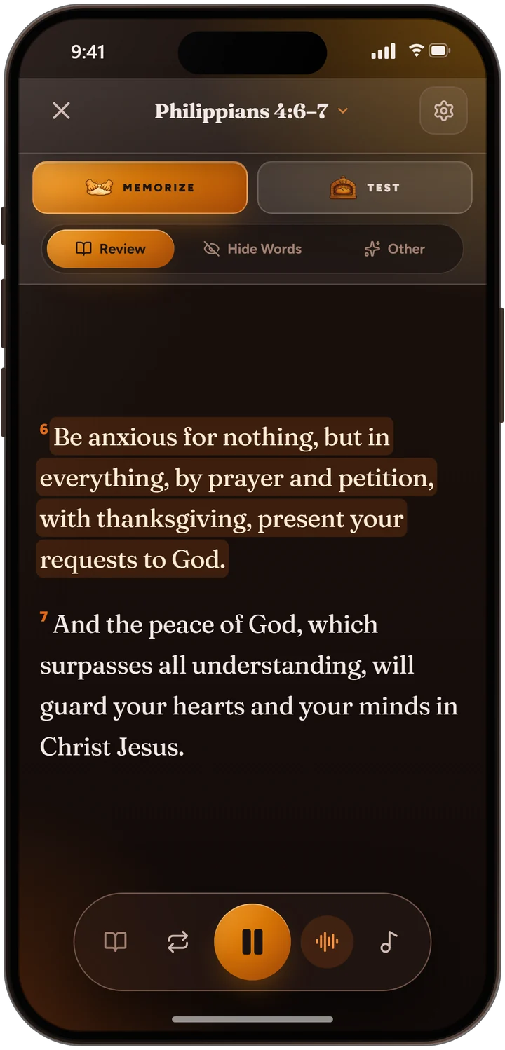 Philippians 4:6–7 being read aloud with the words highlighted